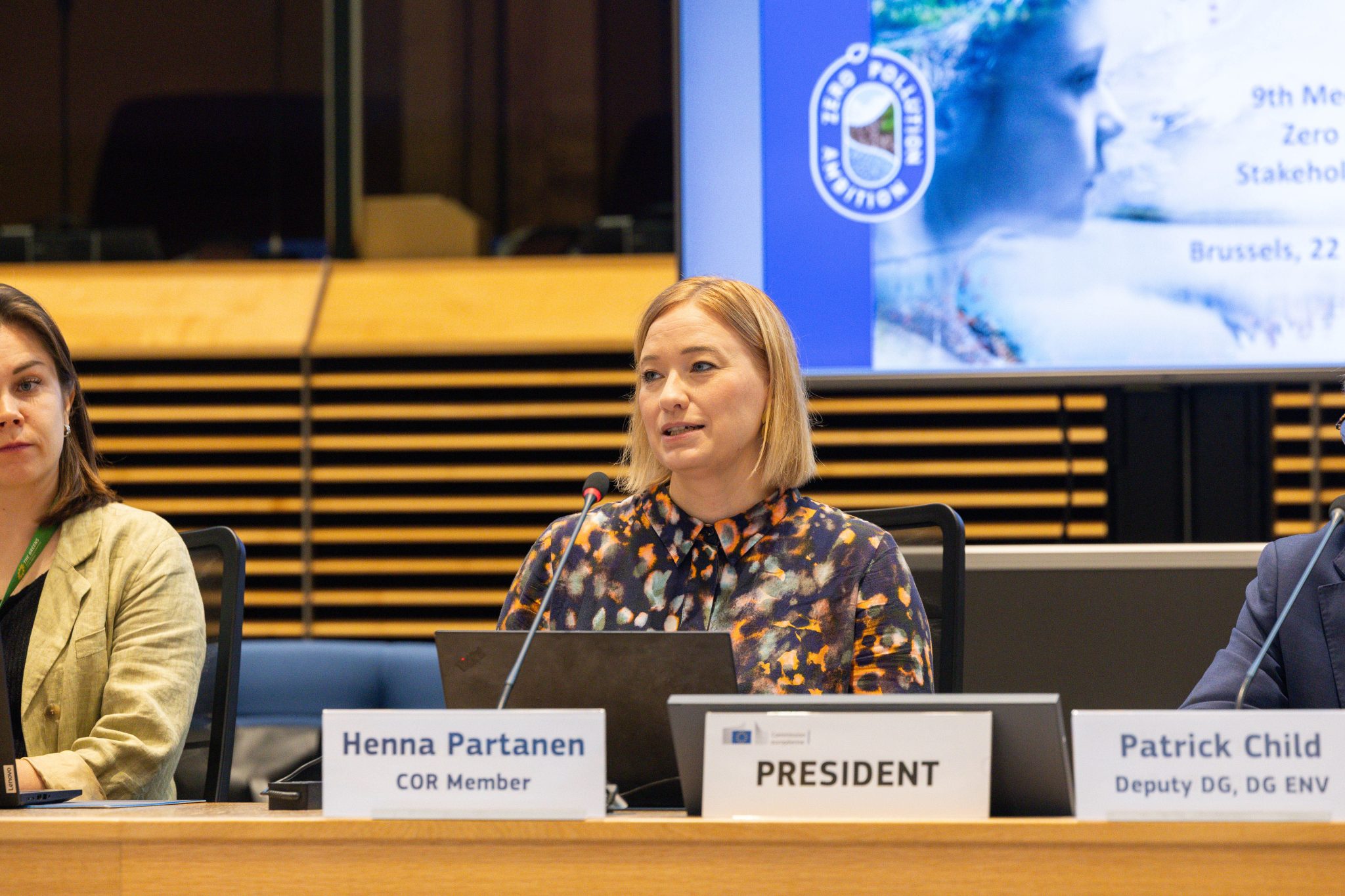 Co-Chair Henna Partanen seated in the podium of the Zero-Pollution Stakeholder Platform meeting.
